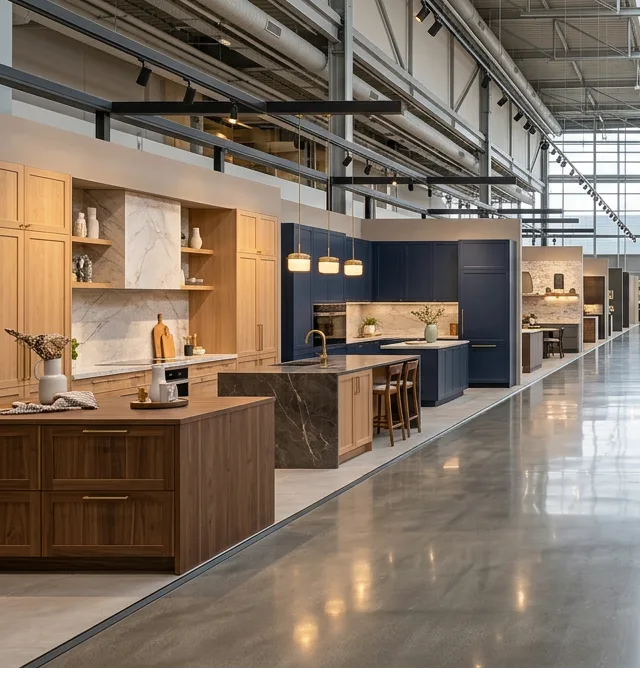 Kitchen and cabinet displays in the S-FUTURE building materials showroom