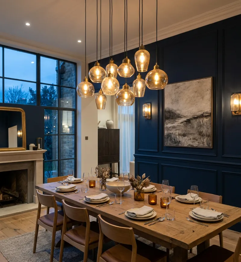 Amber glass pendant chandelier above a dining table in a navy-panelled room