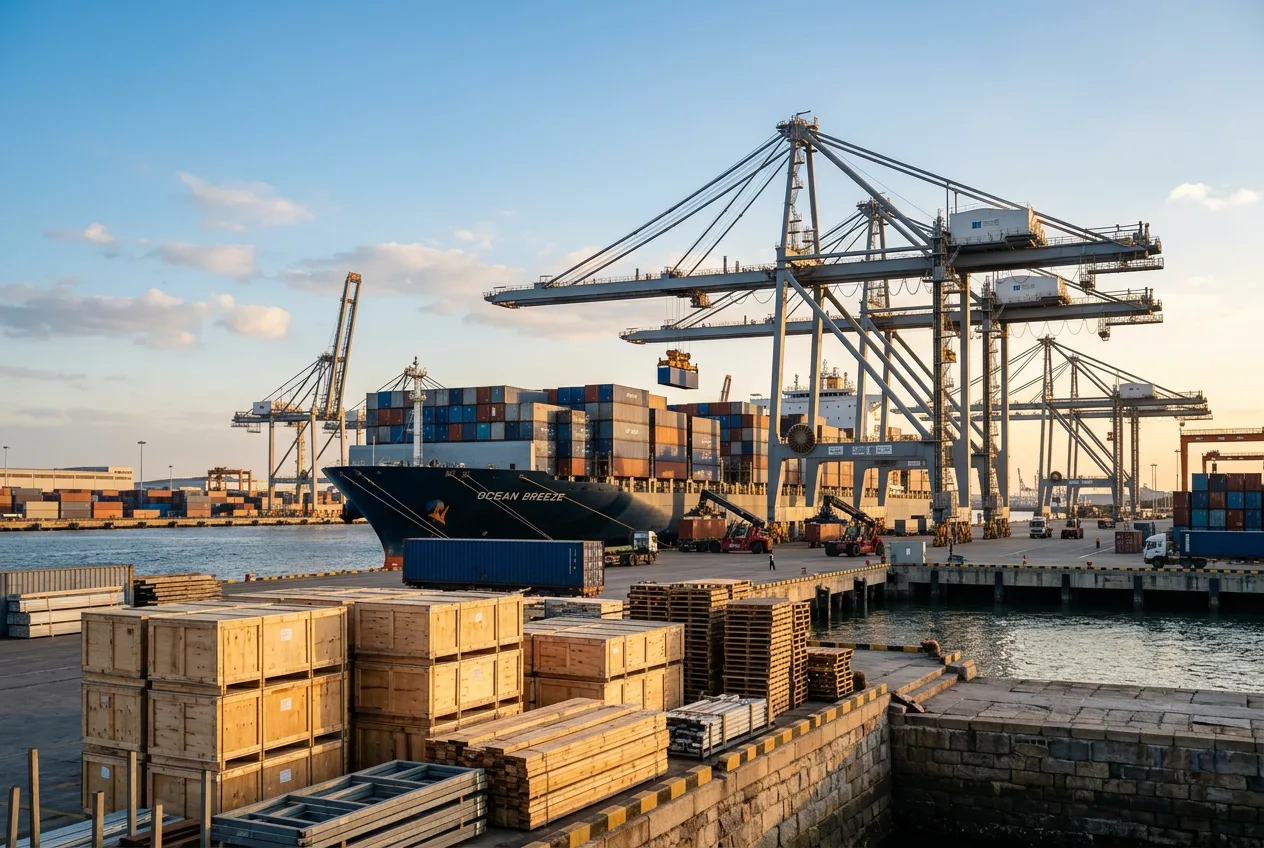 Export crates and containers ready for loading at the port