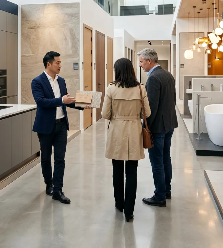 S-FUTURE project manager presenting material samples to clients in the showroom