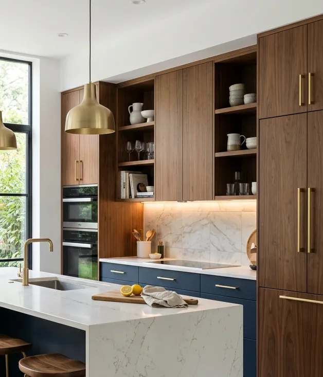 Walnut tall cabinets with open shelving, navy base units and a white quartz waterfall island
