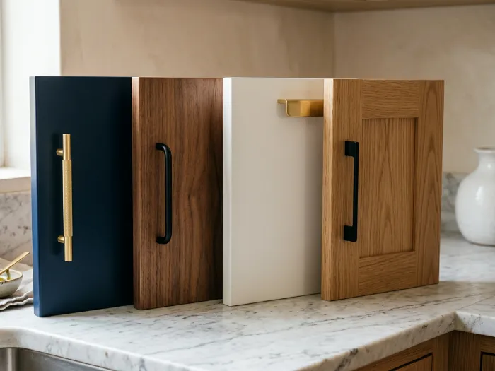 Navy lacquer, walnut veneer, white and oak cabinet door samples on a marble worktop