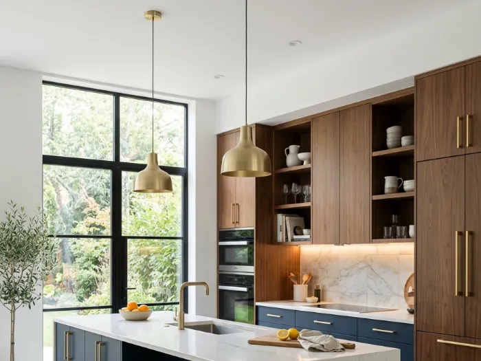 Custom kitchen with walnut shelving, navy island and brass pendant lights