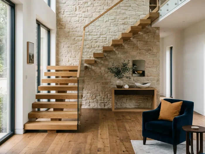 Floating oak staircase with glass balustrade against a natural stone wall
