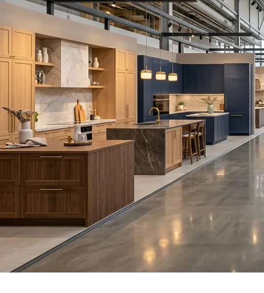 Showroom display of navy lacquered and oak kitchens with a stone-topped island