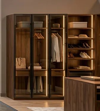 Walnut walk-in wardrobe system with glass doors, shelving and integrated lighting