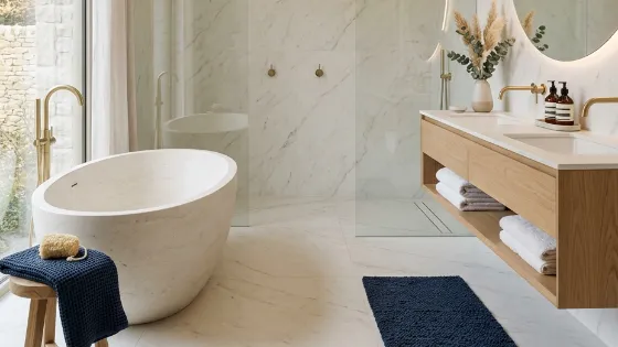 Bathroom display with freestanding tub, marble tiles and oak vanity