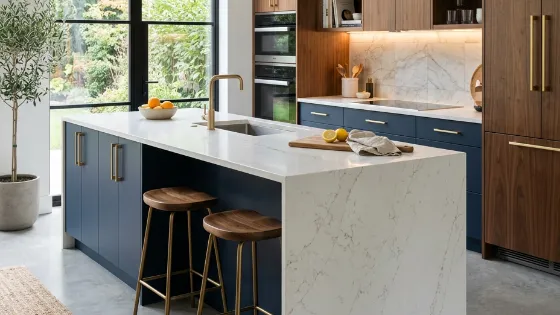Kitchen display with navy cabinets and a marble island