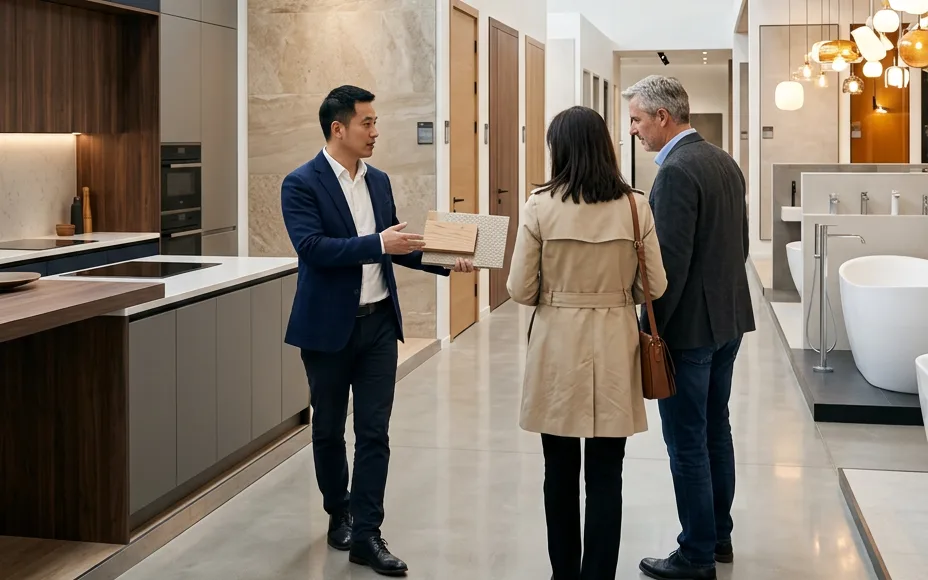 Project manager guiding clients through the S-FUTURE showroom