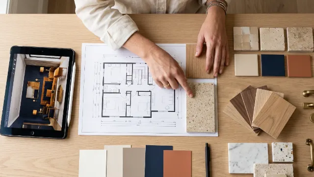 Choosing tile and wood samples on a villa floor plan