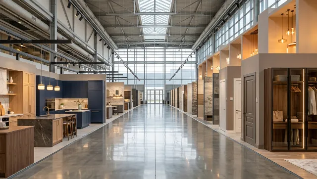 Showroom hall with kitchen, door and furniture displays