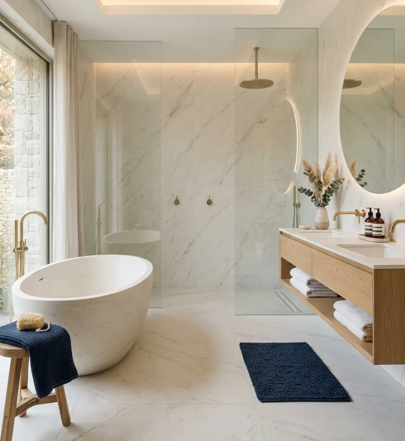 Marble-effect porcelain bathroom with a freestanding bathtub and brass fittings