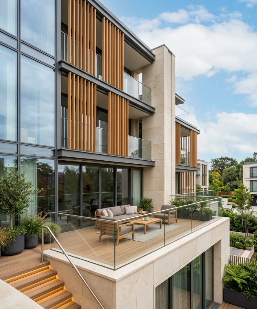 Contemporary apartment building with oak louvres, glass balconies and a landscaped terrace
