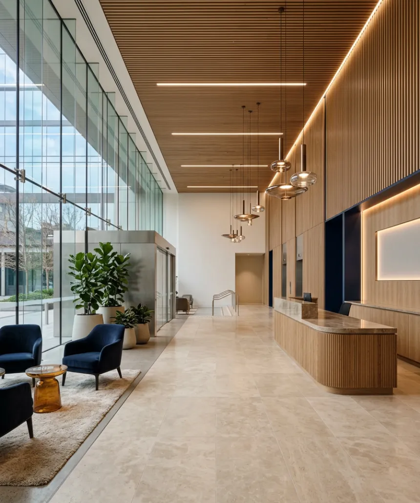 Commercial building lobby with glass facade, timber slat ceiling, stone floor and oak reception desk