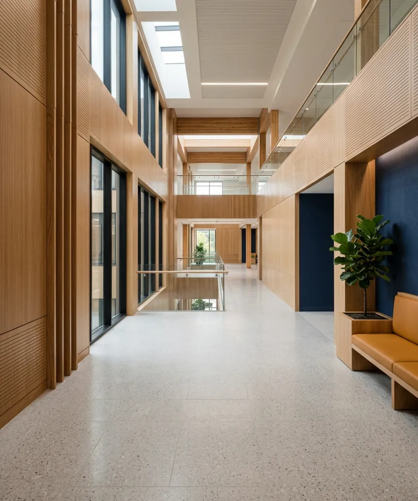 Bright school and healthcare building atrium with oak wall panels, terrazzo floor and navy accents