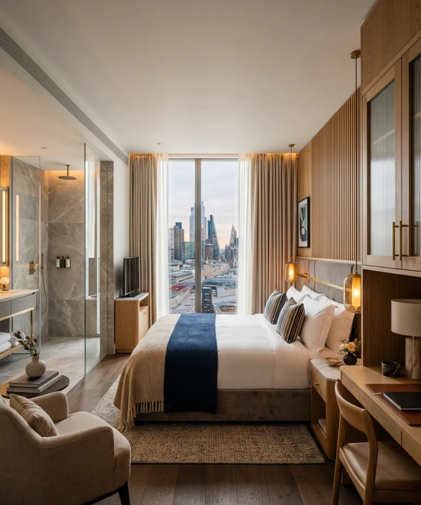 Hotel guest room with oak wall panelling, navy bed runner, lounge chair and a city-view window