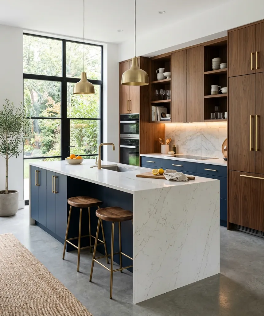 Private villa kitchen with navy island, quartz worktop, walnut tall cabinets and brass pendant lights