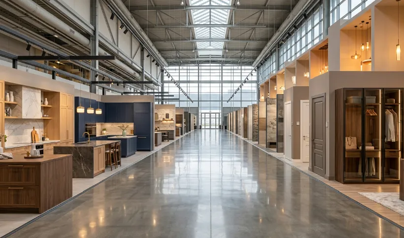 S-FUTURE building materials showroom in China with kitchen, wardrobe and door displays